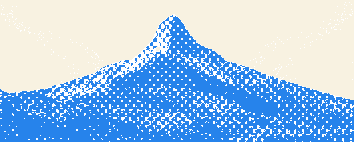 A steep peak above a still mountain lake, rendered as a blue halftone over cream
