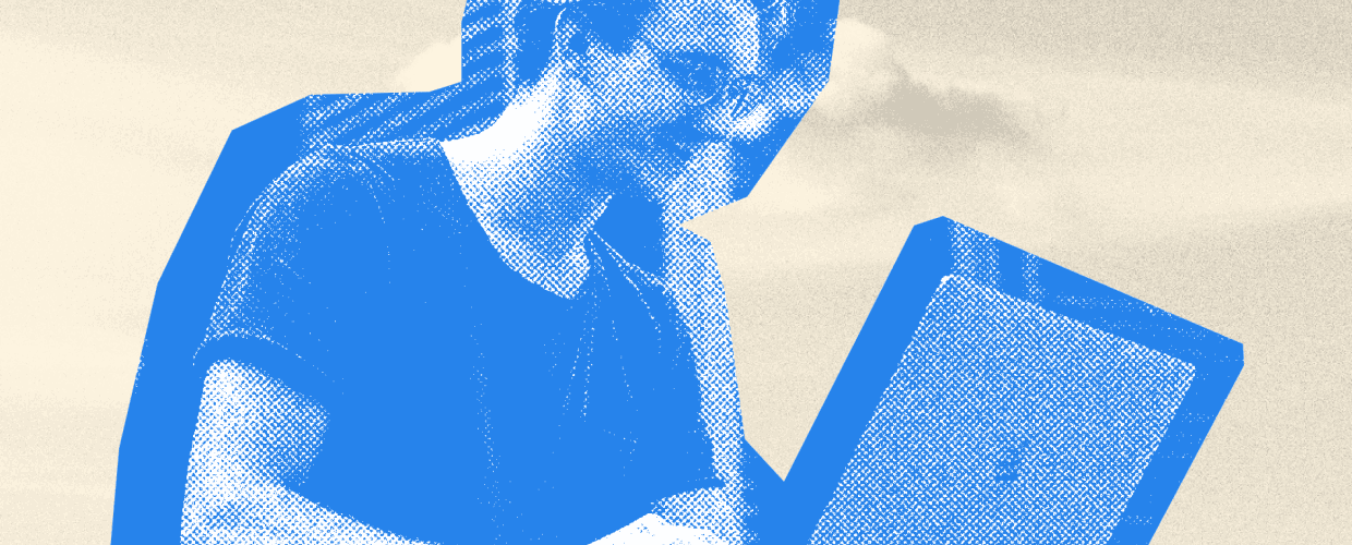 A person reading from a laptop, rendered as a blue halftone over cream