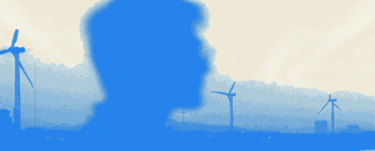 A person silhouetted against wind turbines at dusk, rendered as a blue halftone over cream
