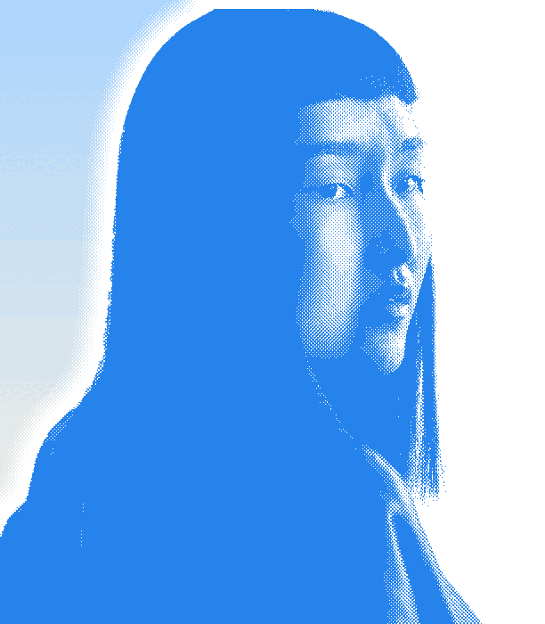 Eunji Park, rendered as a blue halftone cut-out over the hero sky