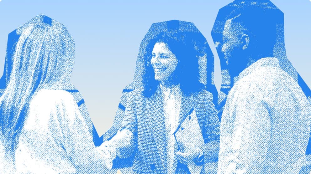Three colleagues meeting outdoors, rendered as a blue halftone